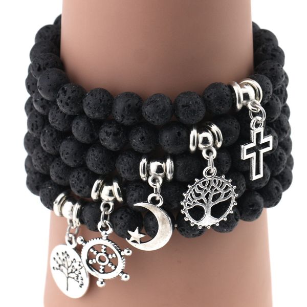 Hot Lava Rock Beads Bracelets Rudder tree cruz estrella pluma encanto negro piedra natural estiramiento pulsera para mujeres moda artesanía joyería