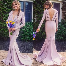 Hot Koop Lavendel Mermaid Prom Dress Diepe V-hals Lange Mouw Backless Avondjurken Formele Party Jurken BM1541