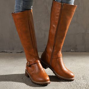 Offre spéciale cuir genou bottes hautes pour femmes large mollet 2020 Vitage femmes bottes d'hiver mode fermeture éclair moto chaussures femme Botas Mujer