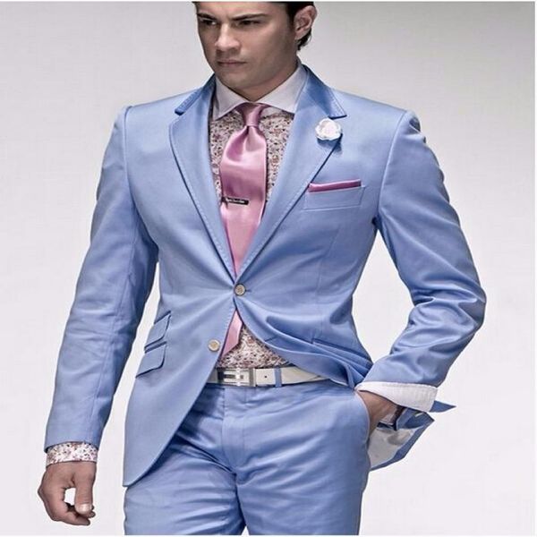 Vente chaude Tuxedo bleu clair 2016 Costumes de mariage de mode bon marché pour hommes costumes formels Tuxedos Talcoat Jacket Pants Tie 230T