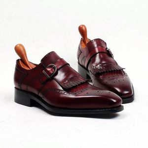 Designer-Men Oxford Monk Dress shoes Chaussure faite à la main sur mesure Bout carré avec une seule lanière Cuir de veau véritable Couleur bordeaux