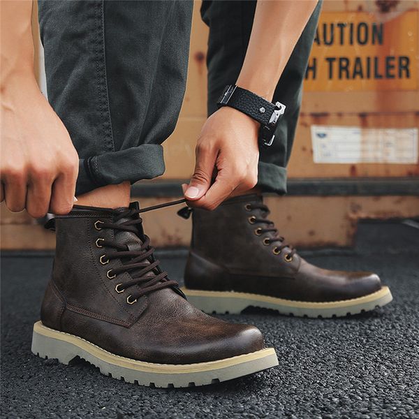 Hot Sale-Hommes Automne Casual Booties Mode Moto Bottes Vintage Cheville Bottes Porter Confort Chaussures D'hiver En Cuir à lacets chaussures de sport