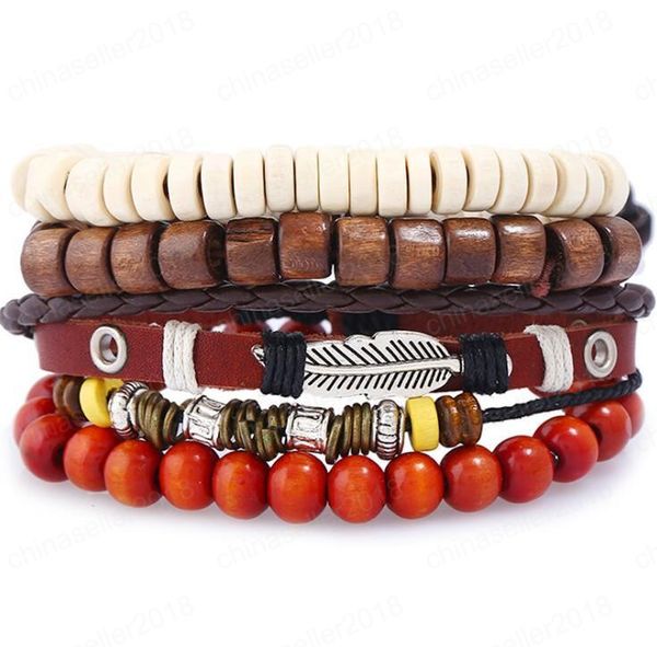Offre spéciale bracelet en cuir véritable pour hommes bricolage PU alliage feuille bois perle Bracelet combinaison costume Bracelet 4 styles/1 ensemble
