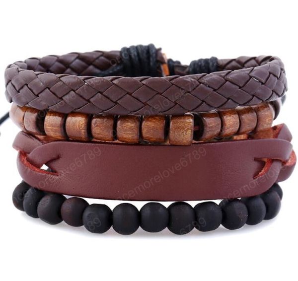 Offre spéciale bracelet en cuir véritable pour hommes bricolage PU Antique bouton pression bois perle Bracelet combinaison costume Bracelet 4styles/1 ensemble