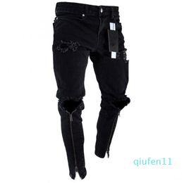 Vente chaude-Mens Zipper Holes Designer Jeans Noir Ripped Slim Fit Represen Crayon Pantalon Multi Style