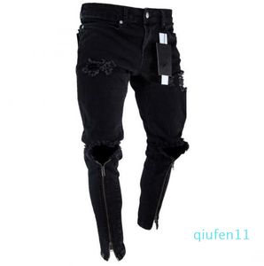 Hot Sale-Mens Zipper Gaten Designer Jeans Zwart Ripped Slim Fit Ras Potlood Pants Multi Style