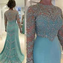 Hot Koop Mermaid Beaded Moeder van de Bruid Jurken Sheer Jewel Hals Trouwjurk Lange Mouwen Plus Size Geappliceerd Avondjurken