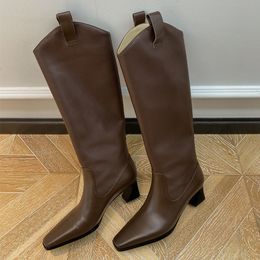 Gran oferta MORAZORA 2020, recién llegado, botas hasta la rodilla de cuero auténtico para mujer, zapatos de mujer con punta cuadrada y tacones gruesos