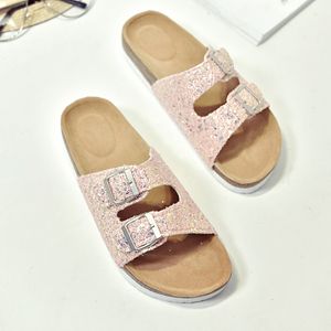 Hot Koop-N Luxe Beach Cork Slippers Casual Sandals Pailletten Dia's Dubbel gesp Klompen Dames Slip op Flip Flops Flats Shoe