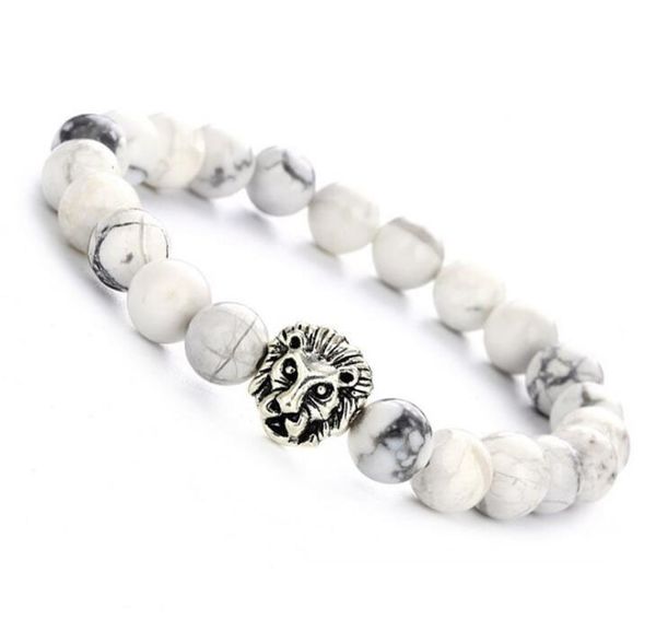 Bracelet de perles tête de Lion en Turquoise blanc naturel brésilien, bijoux en alliage, corde élastique, offre spéciale