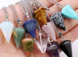 Vente chaude Collier pendentif en pierre de pierre naturelle Crystal guérison Chakra Reiki Silver Stone Hexagonal Prisme Cone Pendulum Colliers de charme 11 Style