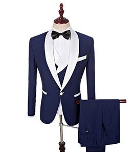 Vente chaude Tuxedos de marié bleu marine de haute qualité homme Blazer châle revers un bouton hommes d'affaires dîner costume de fête de bal (veste + pantalon + cravate + gilet) 71