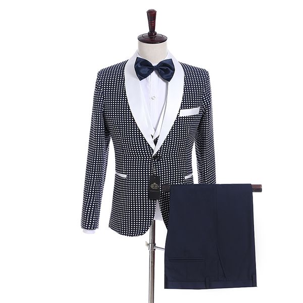 Meilleur Prix Tuxedos de marié bleu marine et blanc, blazer à un bouton avec ventilation latérale, excellent costume de bal d'affaires pour hommes (veste + pantalon + cravate + gilet)