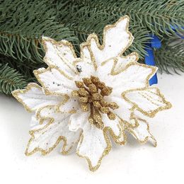 Venta caliente nueva llegada 10 unids/lote 15 cm brillo dorado flores artificiales de Navidad Poinsettia adornos de Navidad baratos