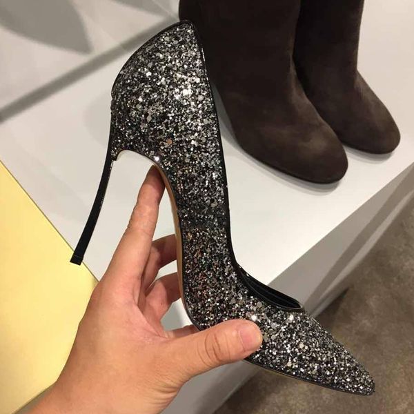 Gran oferta-recién llegado, zapatos de tacón alto con punta en pico de cristal ostentoso plateado, zapatos de fiesta para mujer, zapatos de vestir con tacón de Metal