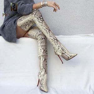 Hot Sale- Nieuwe Aankomst Snake Skin Dames Lange Laarzen Over de Knie Hoge Dunne Hakken Laarzen Slag-on Slanke Elastische Hoge Laarzen Party Sexy