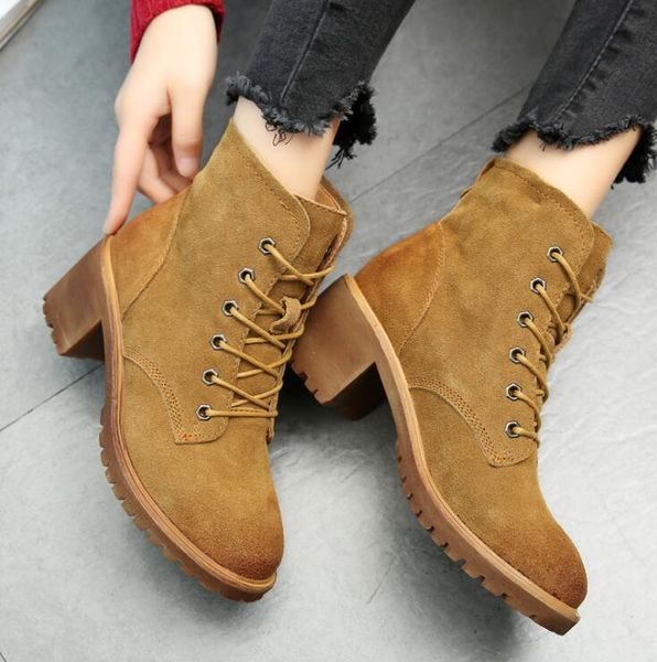 Vente chaude - Nouveau automne hiver femmes bottes de haute qualité solide à lacets chaussures européennes dames en cuir de vache bottes de mode livraison gratuite