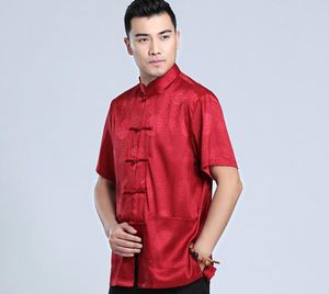 Hot Koop Nieuwe Chinese Stijl Vintage heren Zijde Satijn Shirt Zomer Casual Korte Mouw Blouse Kung Fu Tai Chi Tang Pak Maat M L XL XXL XXXL