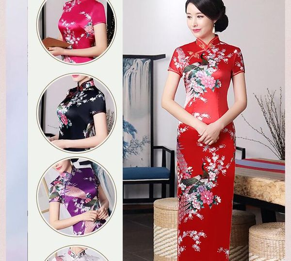 Venta caliente nuevo estilo chino mujeres seda satén Tang traje Cheongsam primavera verano faldas largas señoras vestido estampado sexy vestidos de fiesta de noche QiPao tamaño S-6XL