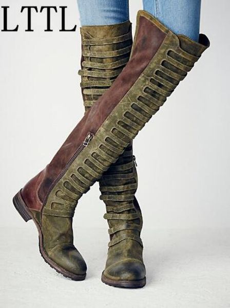 Gran oferta-Nuevo estilo europeo desgastado tamaño grande botas de gamuza de tacón bajo botas por encima de la rodilla para mujer botas Martin de motocicleta para mujer