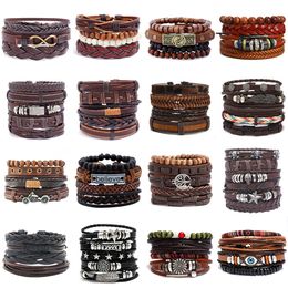 Nieuwe armband set gevlochten wrap lederen armbanden voor mannen vintage levensboombrief charme houten kralen etnische tribale polsbandjes