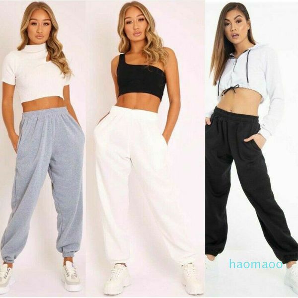 Vente chaude-Nouveaux pantalons pour dames pantalons de sport décontractés pantalons de jogging de piste unis transportent deux poches faisceau hip hop pantalons de survêtement en coton lâche Y200114