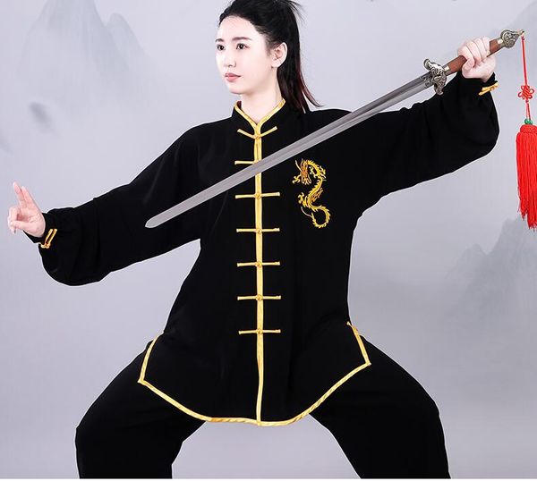 Costumes de Kung Fu chinois pour hommes et femmes, ensemble de vêtements brodés Dragon doré à manches longues, uniforme d'art Martial Tai Chi, nouvelle collection, offre spéciale