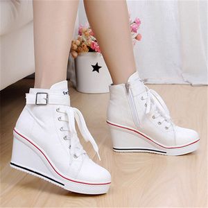 Hot Koop-Nieuwe Sexy Dames Ademend Wiggen Canvas Schoenen Hoge Top Zippers 8 cm Hoge hak Mujer Toning Schoenen Sneakers Grootte