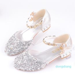 Vente chaude-Nouveau Style Enfants Printemps Et Automne Chaussures En Cuir Filles Brillant Diamant Artificiel Talons Princesse Chaussures Filles Plaqué Or Chai