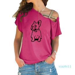 Offre spéciale nouvel été bouledogue français t-shirt femmes coton à manches courtes filles t-shirt beau chien t-shirt irrégulier biais croix bandage t-shirt