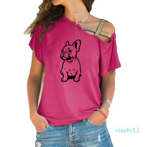 Hot Koop Nieuwe Zomer Franse Bulldog T-shirt Vrouwen Katoenen Korte Mouw Meisjes T-shirt Mooie Hond T-shirt Onregelmatige Skew Cross Bandage Tee