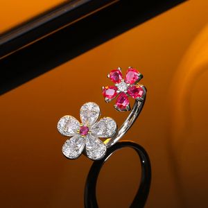 Gran oferta, nuevo diseño único, anillo de cristal rosa ajustable con apertura de pétalo de flor de plata esterlina S925, regalo de moda para chica dulce para mujer