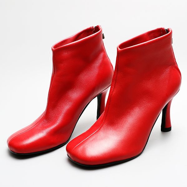 Vente chaude-Date noir rouge blanc en cuir bottes courtes talons hauts style piste bottes femmes bout rond fermeture à glissière arrière bottines