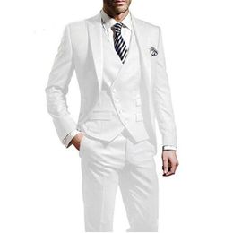 Hot Sale One Button White Bruidegom Tuxedos Peak Revers Mannen Huwelijksfeest Groomsmen 3 Stuks Pakken (Jas + Broek + Vest + Tie) K261