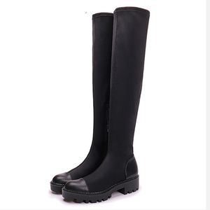 Vente chaude-sur les bottes femmes bout rond plate-forme bottes tissu extensible bottes longues chaussures d'hiver noir Bottines Femme