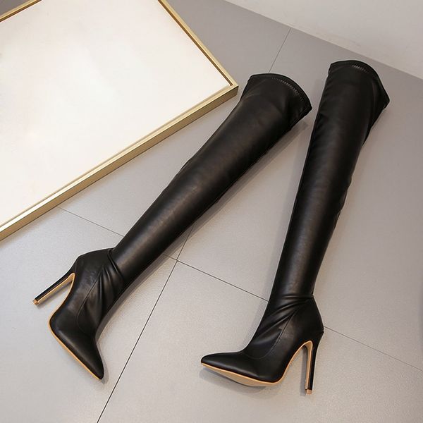 Venta caliente-sobre la rodilla punta estrecha tubo largo invierno otoño zapatos de mujer moda sexy estiramiento botas delgadas Y1201