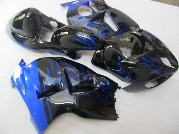 Kit de carenado de plástico de gran oferta para Suzuki GSXR1300 96 97 98 99 00 01-07 juego de carenados negros de llamas azules GSXR1300 1996-2007 OT27