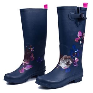 Hot Sale-Plus Big Size: 35-42 Mode Vrouwen Rubber Rain Boots Anti-Slip Bloem Print Rainboots Lange Wellies Knie-High Water Schoenen Vrouw
