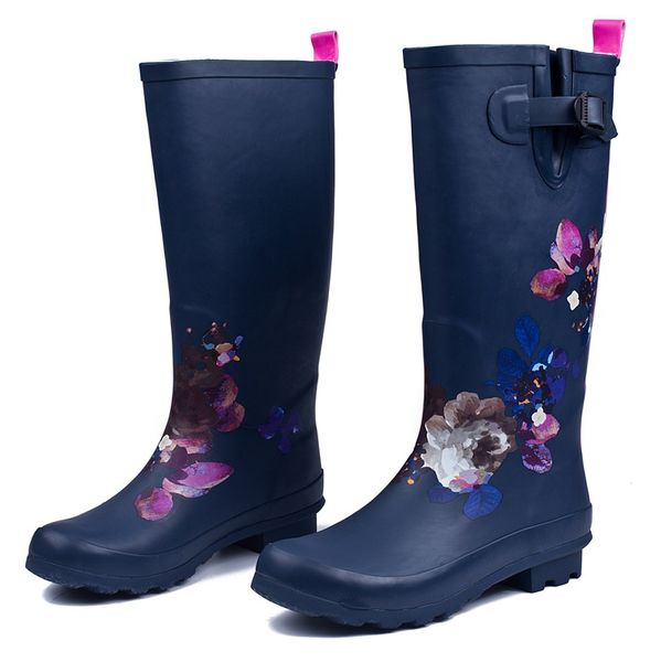 Vente chaude-PLUS GRANDE TAILLE: 35-42 Mode Femmes Bottes De Pluie En Caoutchouc Anti-dérapant Fleur Imprimer Bottes De Pluie Tall Wellies Genou-hautes Chaussures D'eau Femme