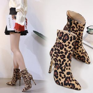 Hot Sale-Plus Size 32 33 tot 40 41 42 Chic Leopard Prints Hoge hak Enkellaarzen Mode Luxe Designer Damesschoenen