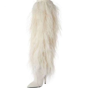 Vente chaude-orteils pointus fourrure blanche talons hauts hiver femmes cuissardes femmes chaussures botas chaussures de soirée