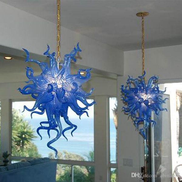 Chandelier bleu populaire et pendentif Light Long Chain Style Blown Blown American Chandelier Lamp Living Room Room Hotel Luxury