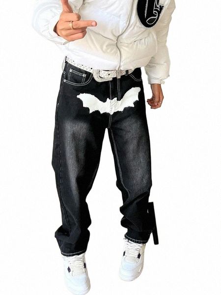 Offre spéciale jean noir imprimé pour hommes Y2K Fi graphique peint Baggy pantalon décontracté ample jambe droite Cott Denim pantalon nouveau 176t #