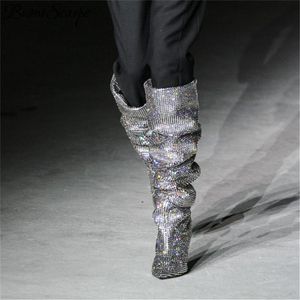 Venda imperdível Prova Perfetto Feminino Bijuterias dedo do pé pontudo Brincos sobre o joelho Botas de strass Cristal Botas de salto alto longo Luxo Botas de salto fino