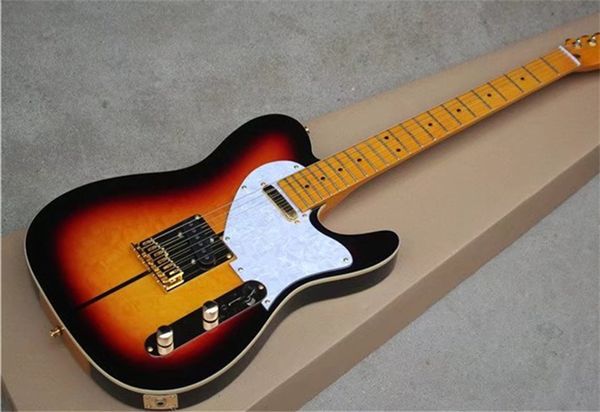 Vente chaude matelassé en érable Top Basswood Body tuff chien sunburst jaune bleu électrique guitare blanche Pickguard Gold Goldguard