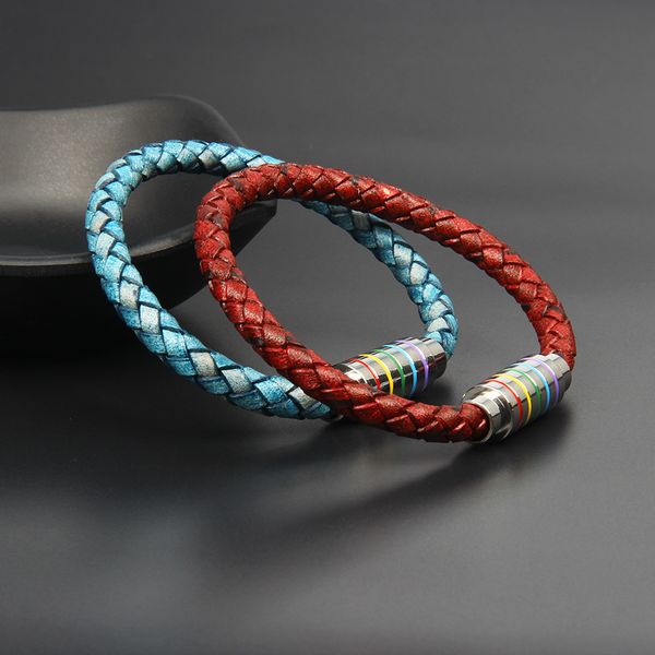 Gran oferta de pulseras de acero inoxidable de arcoíris, pulsera clásica de cuero genuino Vintage, la mejor joyería de regalo para hombres y mujeres