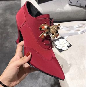 Gran oferta-Zapatos de tacón rojo y negro para mujer, cadena de diamantes de imitación retro con cuentas, joyería de tacón alto de 9 cm, botines de pera de cristal, zapatos de boda para mujer