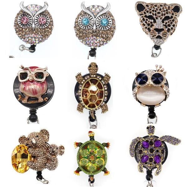 Llaveros Crystal Rhinestone Animal Turtle Tiger ID Badge Holder Carrete retráctil para decoración de regalo