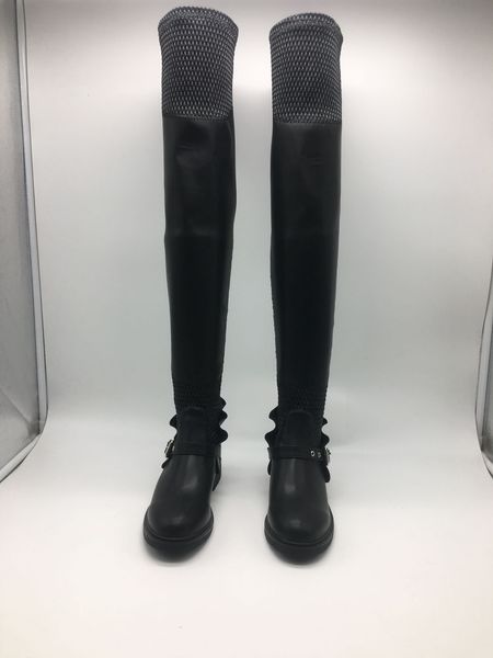 Gran oferta, botas elásticas de tubo largo plano redondo, zapatos negros de tacón plano para mujer, botas sexis de cuero negro hasta el muslo, botas altas, botines planos para mujer