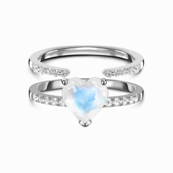 Vente chaude S925 amour en argent sterling double bague en pierre de lune incrustée de diamants pour la conception de la petite foule des femmes se sentant simple